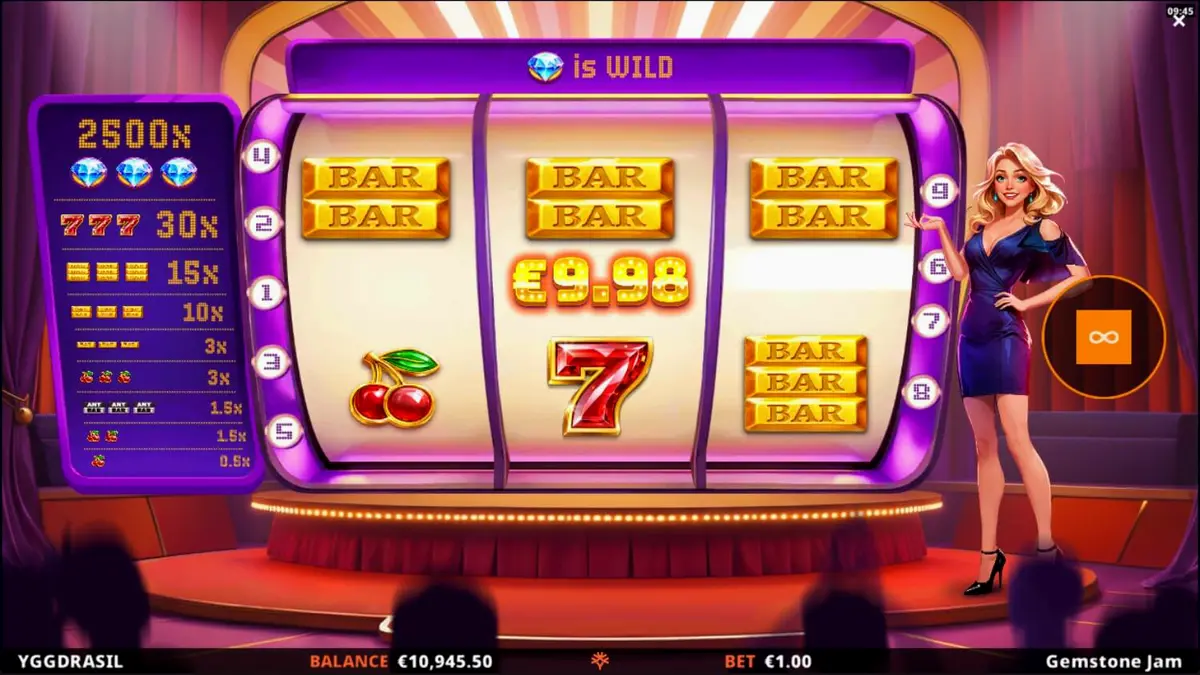 Tampilan visual slot Gemstone Jam dengan nuansa acara TV mewah dan simbol permata berkilau.